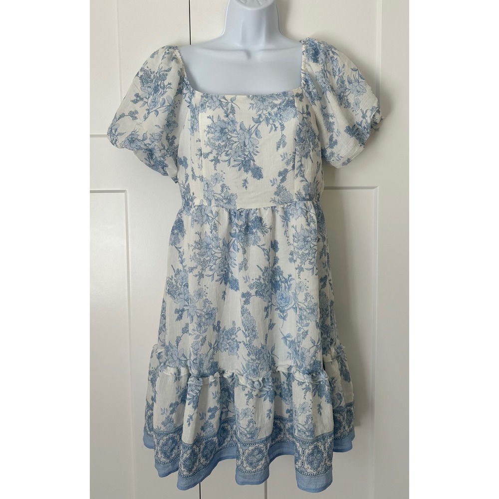 Blu Pepper Blue White Floral Toile Mini Dress Square Neck Puff Sleeve Small